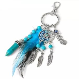 BOHO KEYCHAIN. TURQUOISE WITH FEATHERS and DREAM CATCHER.